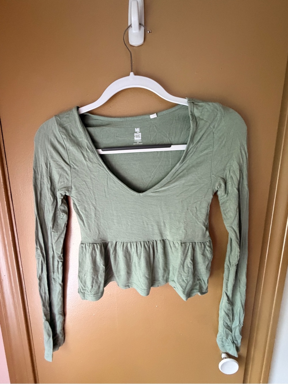 Me to We Olive Green Long Sleeve Peplum Crop Top